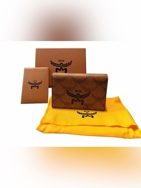 Brand New MCM Cognac and Black Visetos Logo Card Wallet
